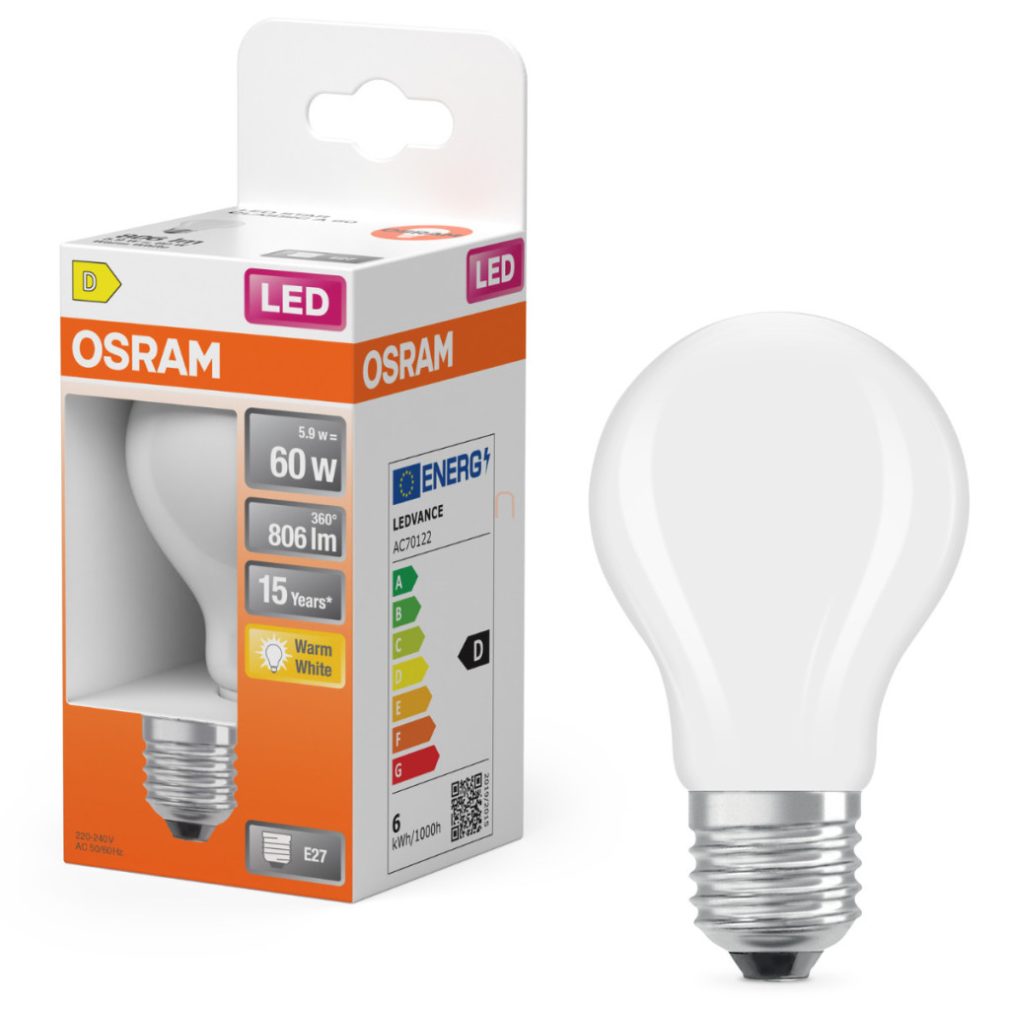 Osram E27 LED 5,9W, 806 lm, 2700 K, alb cald, sticlă opală - înlocuiește becul normal de 60 W - Star Classic A