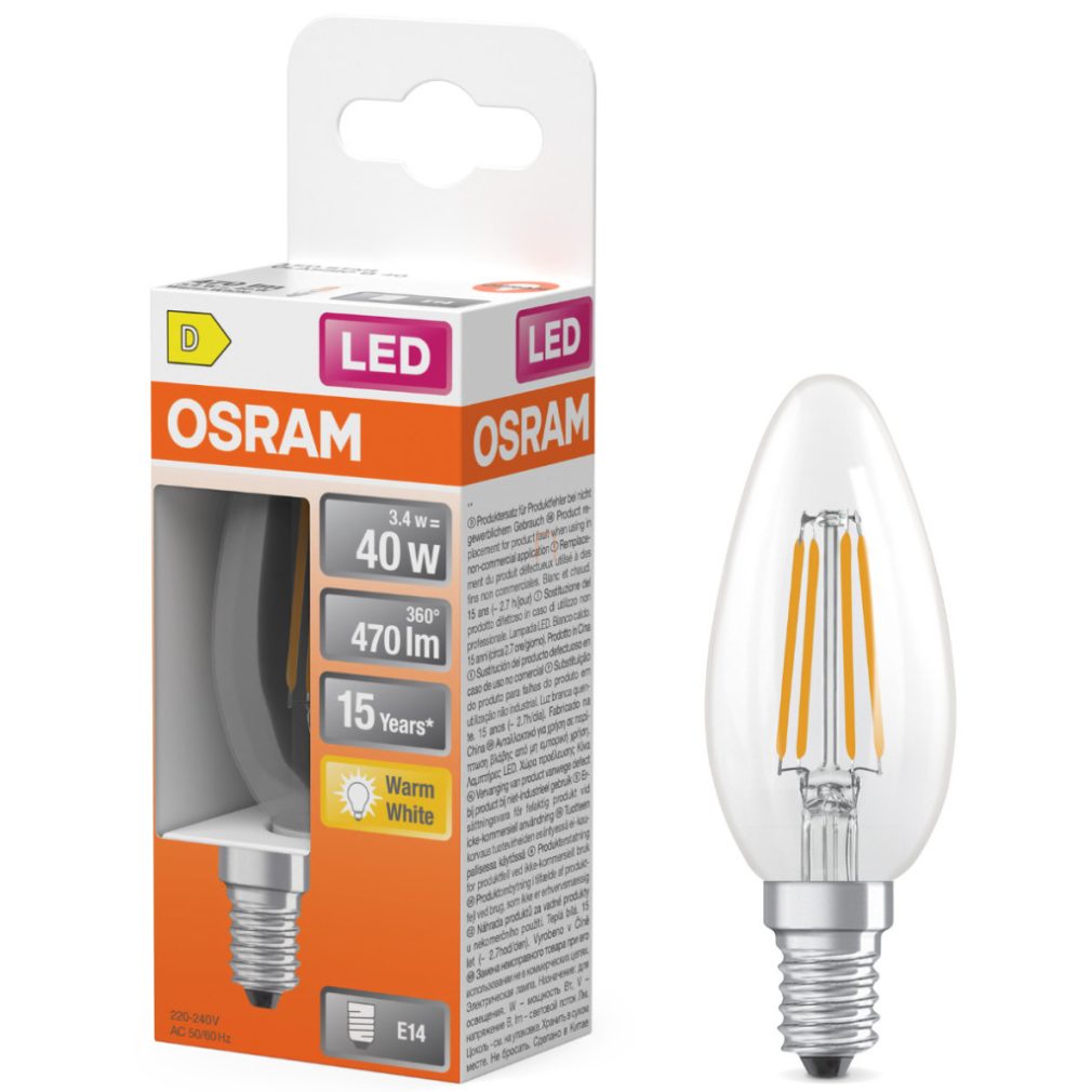 Lămpi LED Osram E14, 3,4 W, 470 lm, 2700 K, alb cald, sticlă transparentă - înlocuiesc becurile de 40 W - Star Classic B filament