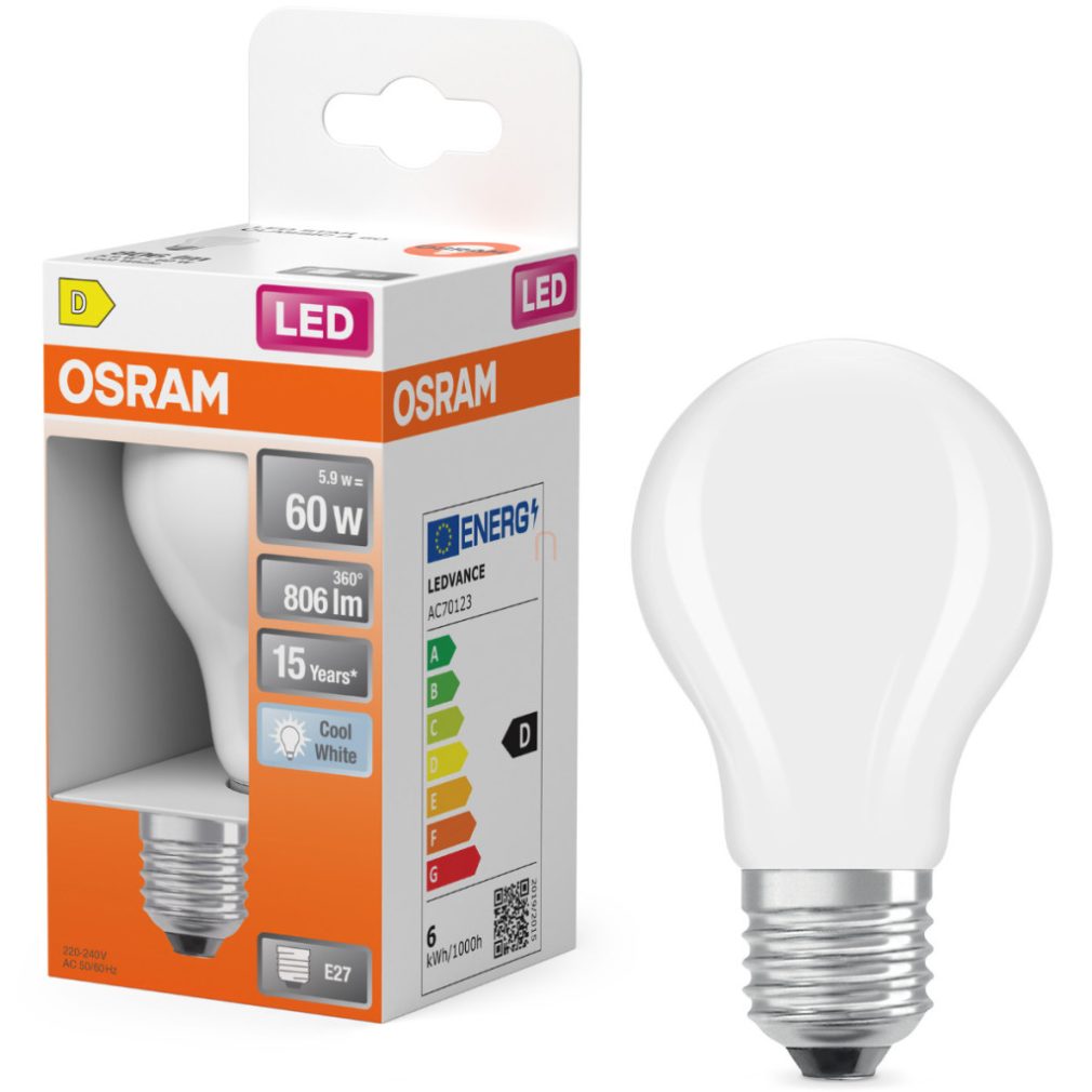 Osram E27 LED 5,9W, 806 lm, 4000 K, alb rece, sticlă opală - înlocuiește becul normal de 60 W - Star Classic A