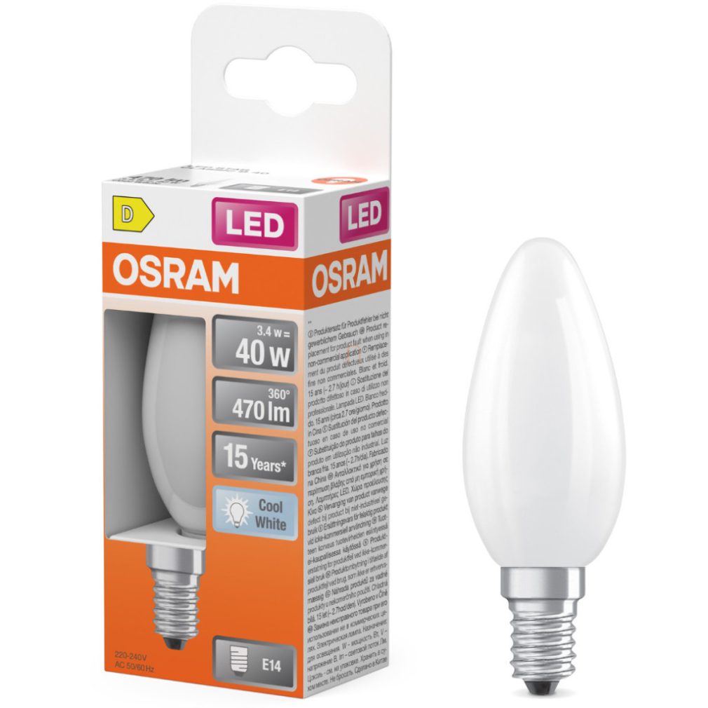 Lămpi LED Osram E14, 3,4 W, 470 lm, 4000 K, alb rece, sticlă opală - înlocuiesc becurile de 40 W - Star Classic B