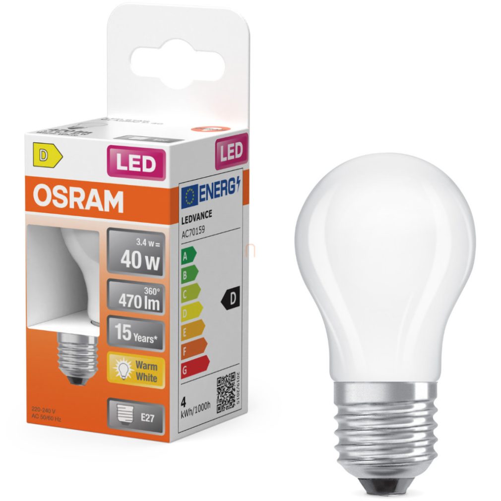 Osram E27 LED globule, 3,4 W, 470 lm, 2700 K, alb cald, sticlă opală - înlocuiește becul de 40 W - Superstar Classic P