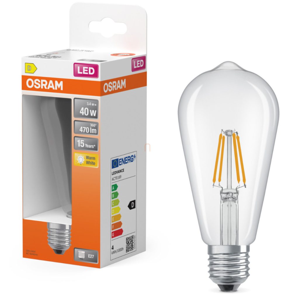 Osram E27 LED Edison filament, 3,4W, 470 lm, 2700 K, alb cald, sticlă transparentă - înlocuiește becul de 40 W - Star Classic filament