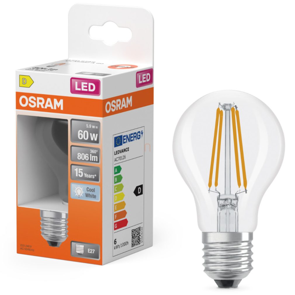 Osram E27 LED 5,9W, 806 lm, 4000 K, alb rece, sticlă transparentă - înlocuiește becul normal de 60 W - Star Classic A filament
