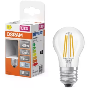   Bec LED Osram E27, 3,4 W, 470 lm, 4000 K, alb rece, sticlă transparentă – înlocuiește becul incandescent de 40 W – Superstar Classic P filament