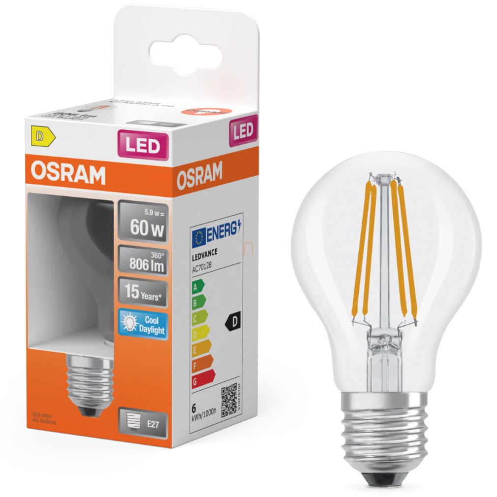 Osram E27 LED 5,9W, 806 lm, 6500 K, lumină naturală, sticlă transparentă - înlocuiește becul normal de 60 W - Star Classic A filament
