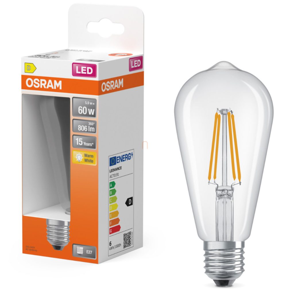 Osram E27 LED Edison filament, 5,9 W, 806 lm, 2700 K, alb cald, sticlă transparentă - înlocuiește becul de 60 W - Star Classic filament