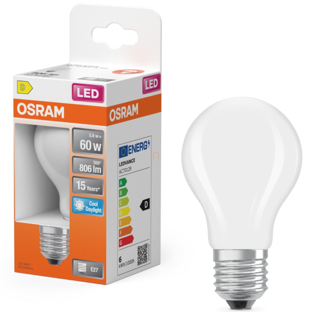 Osram E27 LED 5,9W, 806 lm, 6500 K, lumină naturală, sticlă opală - înlocuiește becul normal de 60 W - Star Classic A