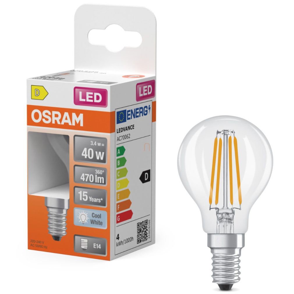 Osram E14 LED bulb, 3,4W, 470 lm, 4000 K, alb rece, sticlă transparentă - înlocuiește becul de 40 W - Superstar Classic P filament