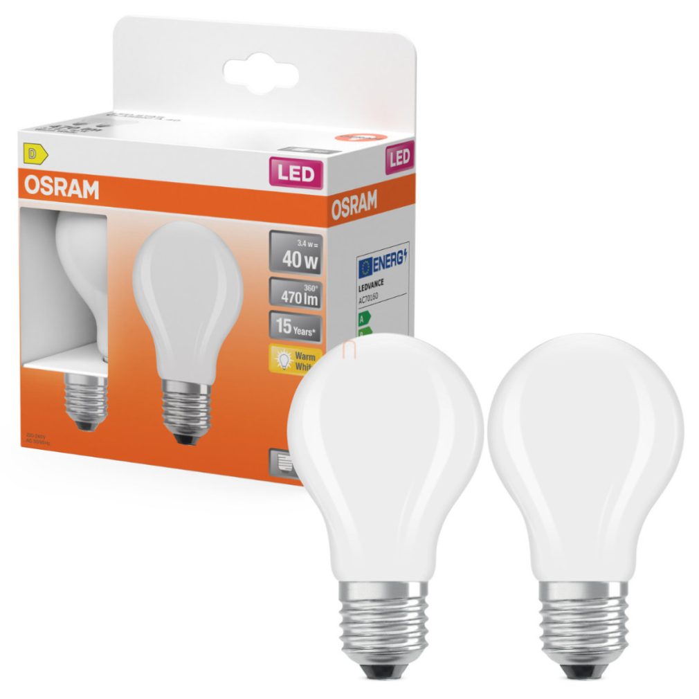 Osram E27 LED 3,4W, 470 lm, 2700 K, alb cald, sticlă opală - înlocuiește becul normal de 40 W, 2 bucăți - Star Classic A