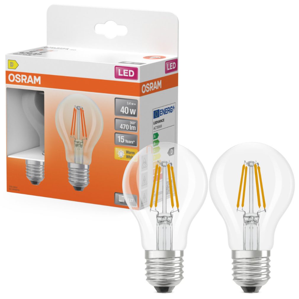 Osram E27 LED 3,4W, 470 lm, 2700 K, alb cald, sticlă transparentă - înlocuiește becul normal de 40 W, 2 bucăți - Star Classic A filament