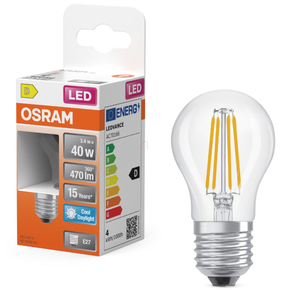 Osram E27 LED glob mic, 3,4 W, 470 lm, 6500 K, lumină naturală, sticlă transparentă - înlocuiește becul de 40 W - Superstar Classic P filament