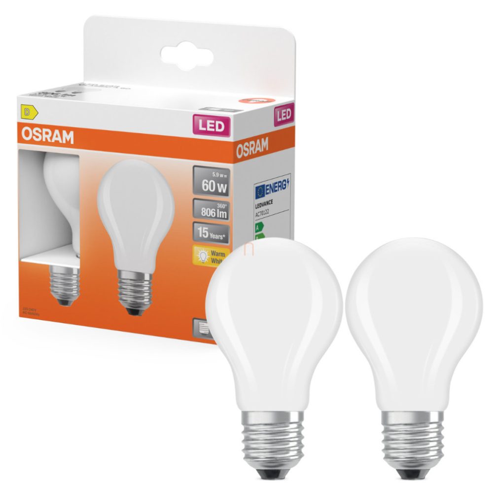 Osram E27 LED 5,9W, 806 lm, 2700 K, alb cald, sticlă opală - înlocuiește becul normal de 60 W, 2 bucăți - Star Classic A