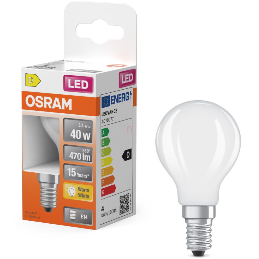 Osram E14 LED glob mic, 3,4 W, 470 lm, 2700 K, alb cald, sticlă opală - înlocuiește becul de 40 W - Superstar Classic P