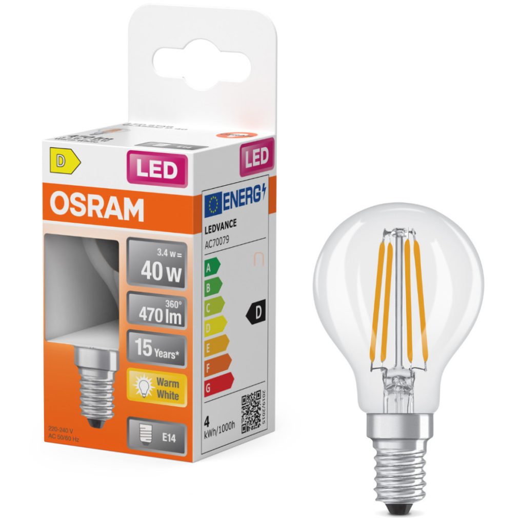Osram E14 LED globule, 3,4W, 470 lm, 2700 K, alb cald, sticlă transparentă - înlocuiește becul de 40 W - filament Superstar Classic P