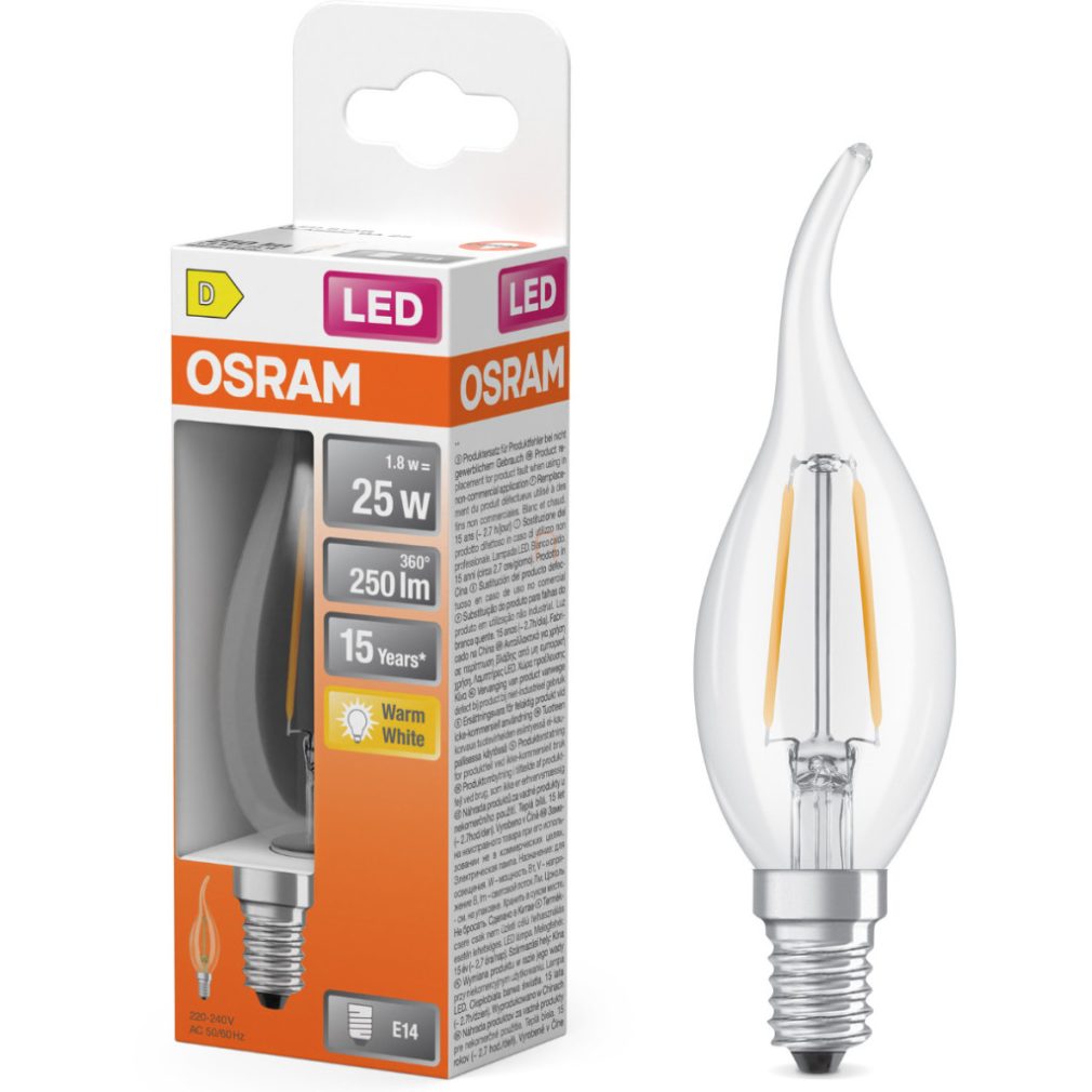 Lămpi LED Osram E14, 1,8 W, 250 lm, 2700 K, alb cald, sticlă transparentă - înlocuiesc becurile de 25 W - Star Classic BA filament