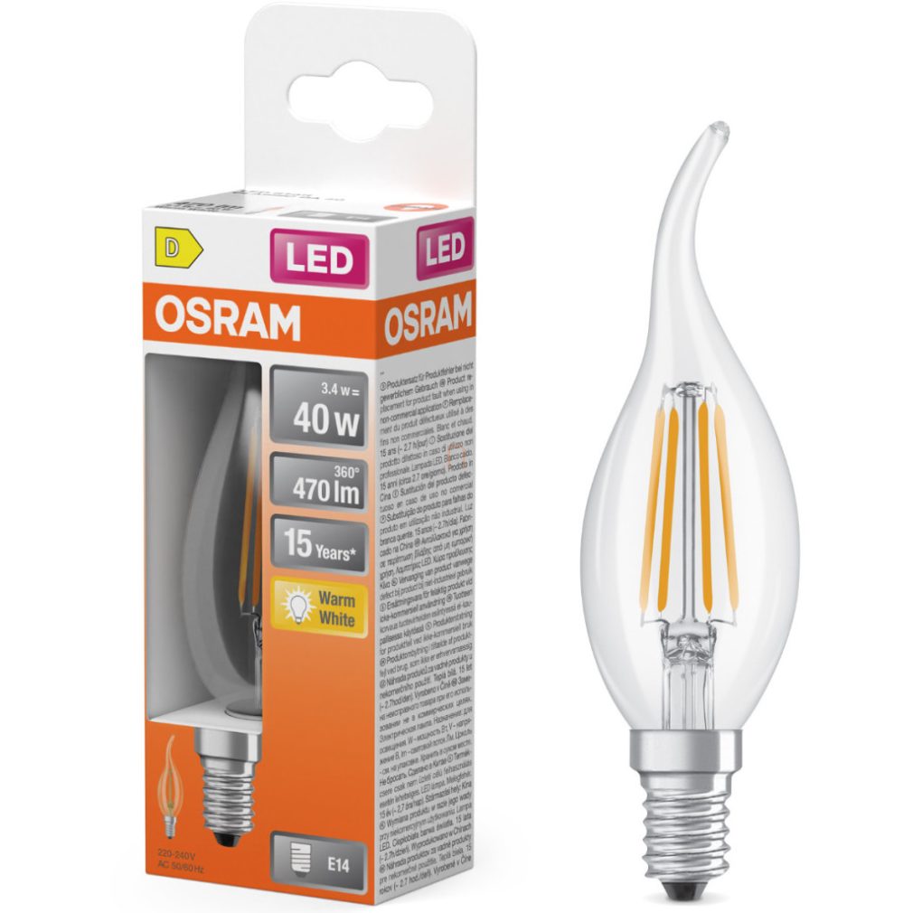 Lămpă LED Osram E14, 3,4 W, 470 lm, 2700 K, alb cald, sticlă transparentă - înlocuiește becul de 40 W - Star Classic BA filament