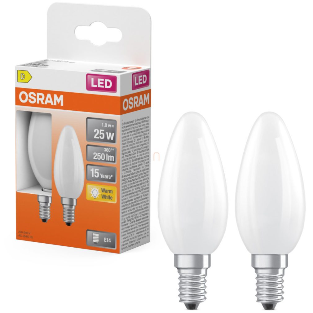 Lămpi LED Osram E14, 1,8 W, 250 lm, 2700 K, alb cald, sticlă opală - înlocuiesc becurile de 25 W, 2 bucăți - Star Classic B