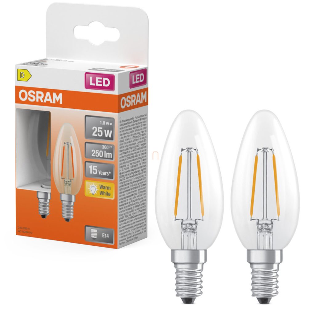 Lămpi LED Osram E14, 1,8 W, 250 lm, 2700 K, alb cald, sticlă transparentă - înlocuiesc becurile de 25 W, 2 bucăți - filament Star Classic B