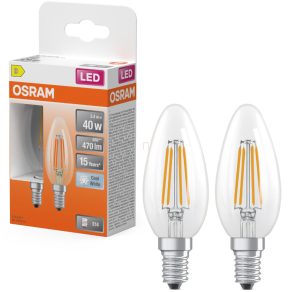   Osram E14 LED gyertya, 3,4W, 470 lm, 4000 K, hidegfehér, áttetsző üveg-40 W izzó helyett, 2 darabos - Star Classic B filament