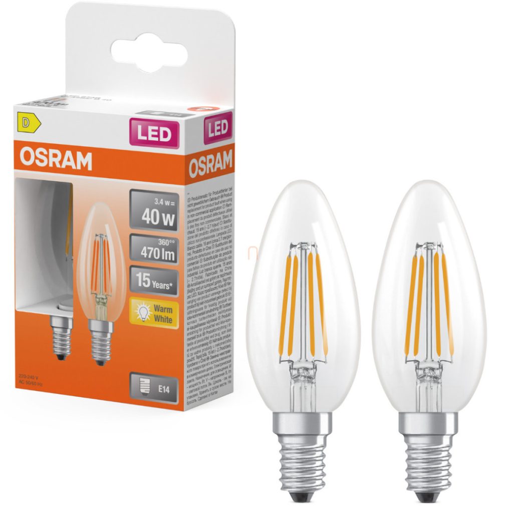 Lămpă LED Osram E14, 3,4 W, 470 lm, 2700 K, alb cald, dimabilă, sticlă transparentă - înlocuiește becul de 40 W, 2 bucăți - filament Star Classic B