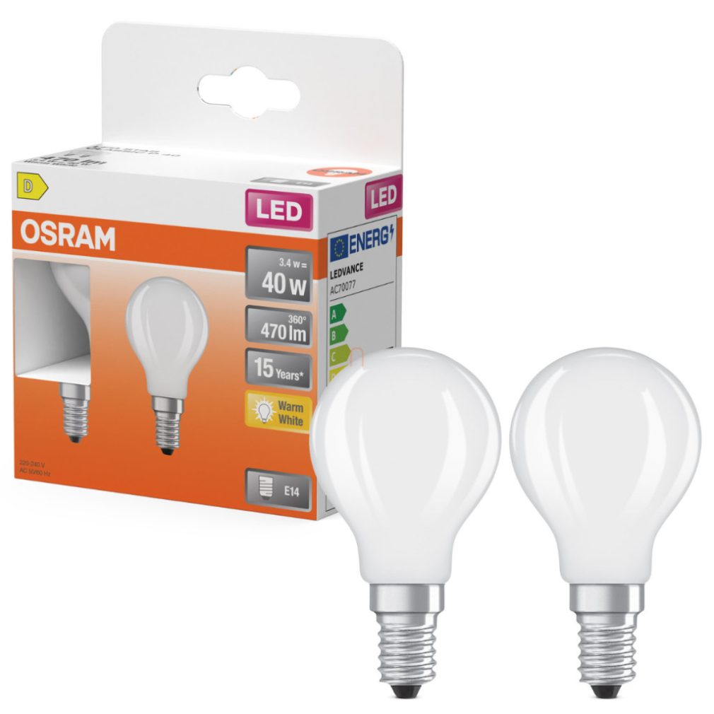 Osram E14 LED globule, 3,4 W, 470 lm, 2700 K, alb cald, sticlă opală - înlocuiește becul de 40 W, 2 bucăți - Superstar Classic P