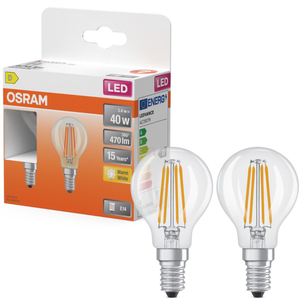 Osram E14 LED globule, 3,4 W, 470 lm, 2700 K, alb cald, sticlă transparentă - înlocuiește becul de 40 W, 2 bucăți - Superstar Classic P filament