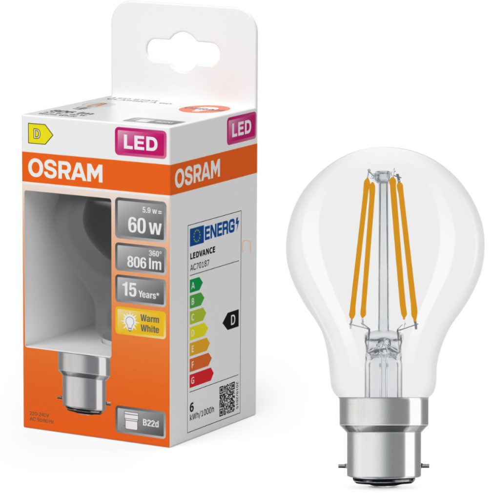 Osram B22d LED 5,9W, 806 lm, 2700 K, alb cald, sticlă transparentă - înlocuiește becul de 60 W - Star Classic A filament