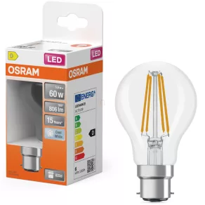   Osram B22d LED 5,9 W, 806 lm, 4000 K, alb rece, sticlă transparentă – în locul becului incandescent de 60 W – Star Classic A filament