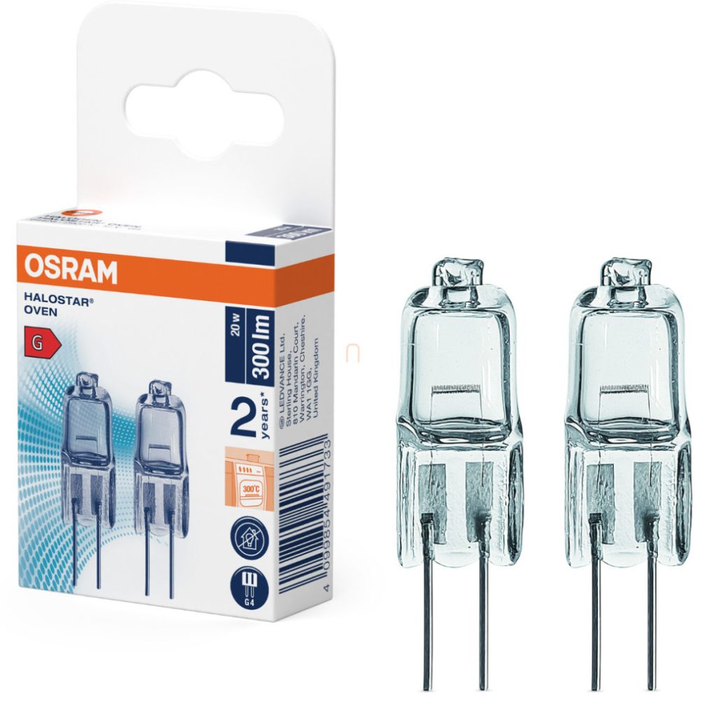 Osram G4 bec de cuptor 20W, 300 lm, 2900 K, alb cald, sticlă, 2 bucăți - Oven 64428