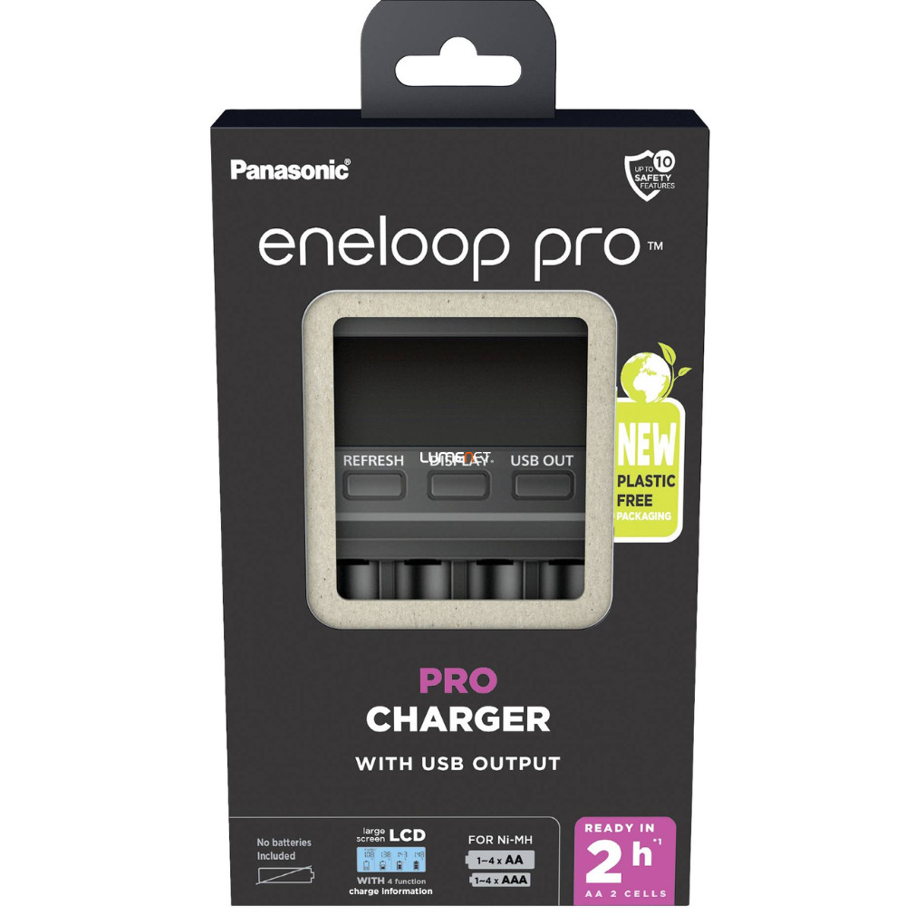 Eneloop Pro LCD-s akkumulátor gyorstöltő / kisütő funkció / kapacitás kijelzés 2/4db AA/AAA akkumulátor töltésére, USB-vel