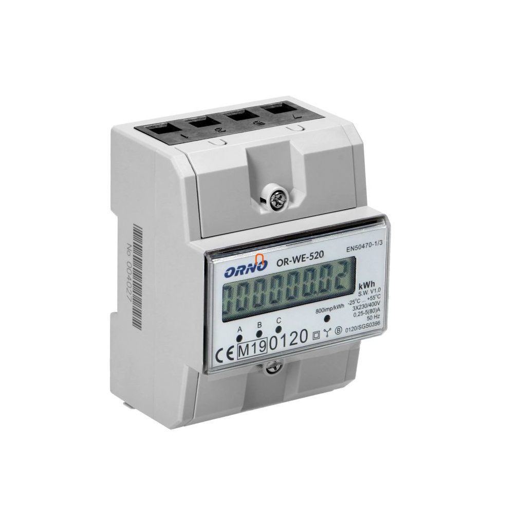 Contor de consum pe șină DIN, contor digital trifazic MID certificat 80A 76 x 116,5 x 65 mm Orno OR-WE-520