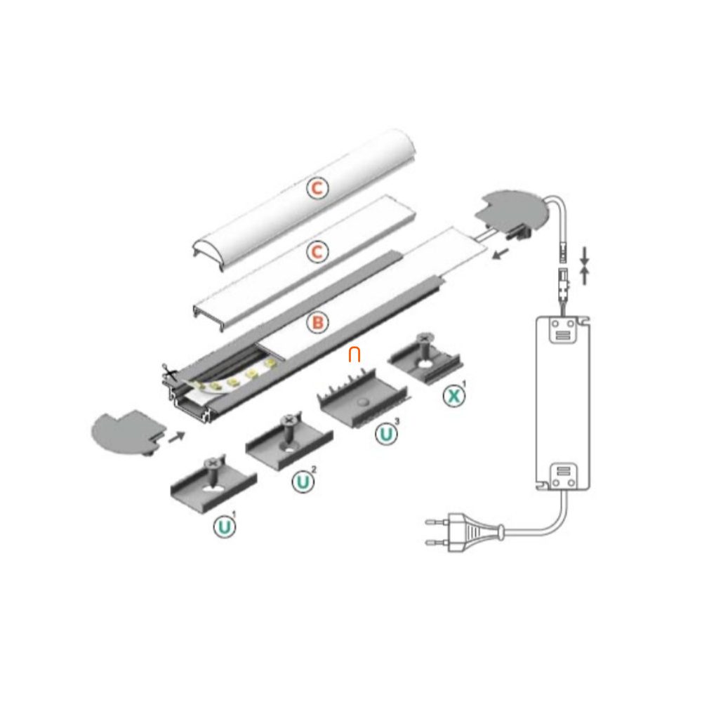 Șină din aluminiu pentru bandă LED, cu canelură adâncită GROOVE10 aluminiu natural B,C/U,X 2 m 76210000 TOPMET