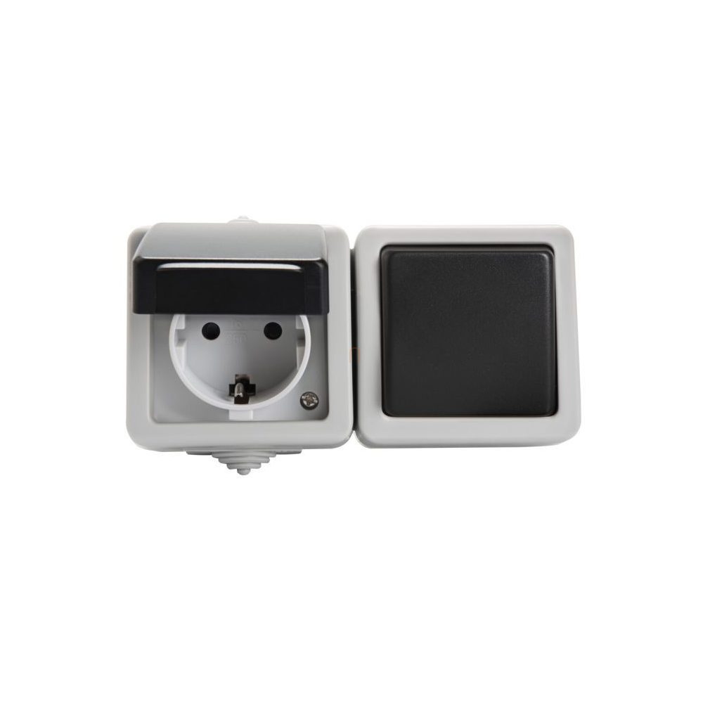 TEKNO 05-3128-143 comutator unipolar + conector 2+F orizontal negru IP54 27132 Kanlux