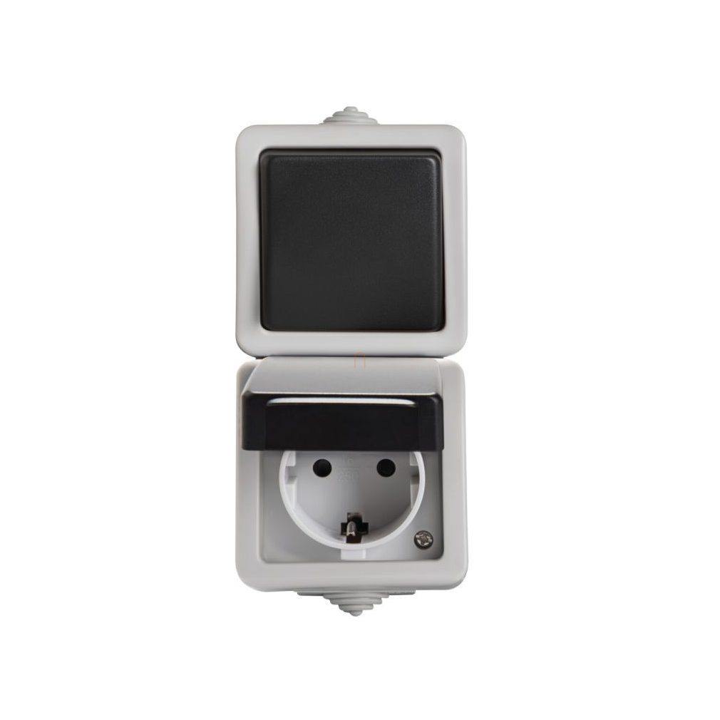 TEKNO 05-3129-143 comutator unipolar + priză 2+F verticală neagră IP54 27135 Kanlux