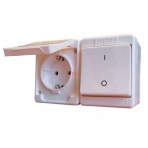   Legrand Kontallux IP44 întrerupător bipolar + priză 2P+F, alb DAF 2-162 + KBI 2-102 CKV - 83915