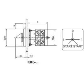   Comutator de motor Ganz, comutator cu revenire automată, comutator manual cu mâner de 20 A, cu o fază și o fază auxiliară, pentru două sensuri de rotație, cu acționare bidirecțională, IP44 (KK0-20-0494 N)