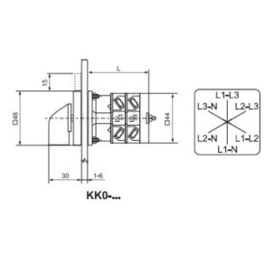   KK0-20-6036 Comutator voltmetru, comutator manual acționat cu mâner 20 A, pentru tensiune trifazată și cu 3 fire fără poziție 0 IP44, Ganz
