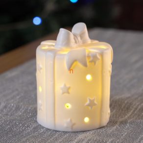   Cutie cadou din ceramică iluminată de Crăciun cu panglică, 9,6 cm