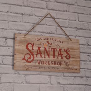   Semn pentru bradul de Crăciun „Atelierul lui Moș Crăciun” – 60 x 30 cm