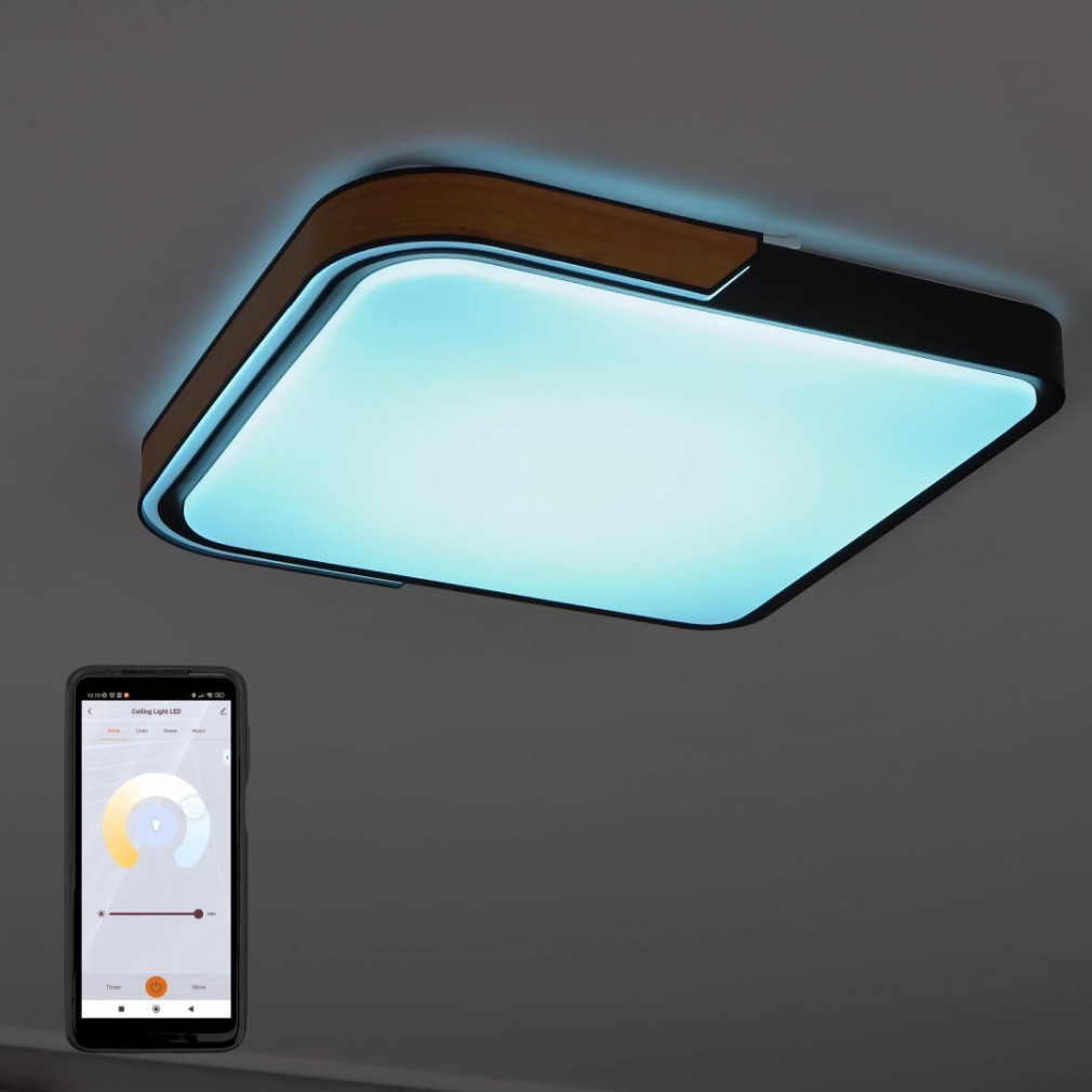 Lampă LED inteligentă pentru tavan, cu ramă decorativă cu efect de lemn - Arild RGBW Rábalux 71146