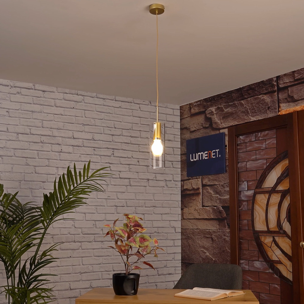 Lampa suspendată cilindrică din sticlă, culoare aurie - Esta Rábalux 72050