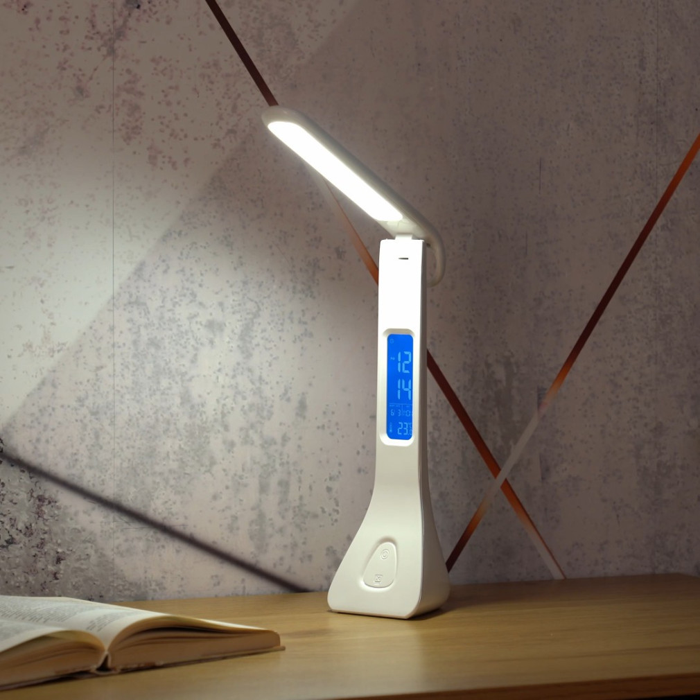 Lampa de masă LED cu afișaj digital, culoare albă - Amato Rábalux 74042, comutator tactil, 4000 K, 340 lm, 7 W