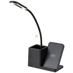   Lampă LED de masă reglabilă cu funcție de încărcare a telefonului, suport pentru stilou, negru, 30 cm - Cerie Rábalux 74232, comutator tactil, încărcare wireless Qi, micro USB, cablu de 1 dimensiune, 3000-4000-6500 K, 200 lm, 4 W, 5 V