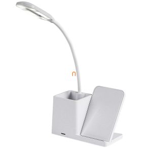  Lampă LED de masă reglabilă cu funcție de încărcare a telefonului, suport pentru pix, albă, 30 cm - Cerie Rábalux 74233, comutator tactil, încărcare wireless Qi, micro USB, 3000-4000-6500 K, 200 lm, 4 W, 5 V