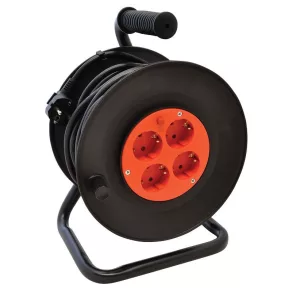   Bobină de cablu cu 2 poli, cu suport metalic, IP20, 25 m, H05VV-F, 3×1,5 mm², 4x2P+F, KD-4/25-B, Tracon