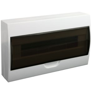   Tabla de distribuție mică Tracon, montată pe perete, 1 rând, 18 module, ușă de culoare fumurie, șină IP40 PE/N, EDFK-18/1