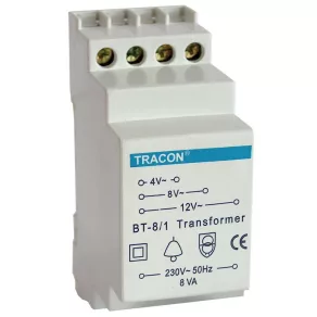   Transformator pentru sonerie Tracon pe șină, 4-8-12 V c.a., BT-8/1