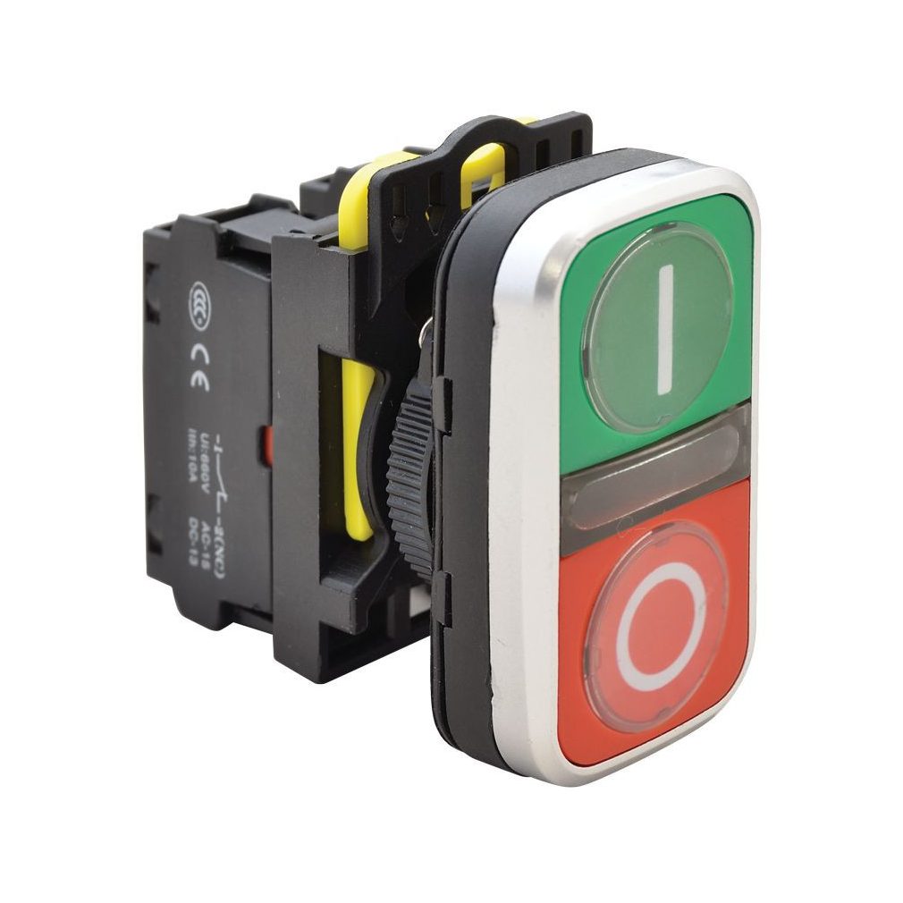 Tracon buton dublu BE-KI, I-O, verde+roșu 1×NO+1×NC, 5A IP65 NYG3-D1