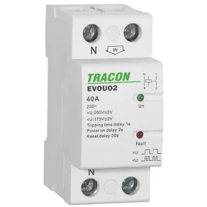   Relé de creștere/scădere a tensiunii cu reconectare automată EVOUO2 AC230V, 2P, 40A; U>: 265V, U<: 175V, Uon: 2s, Trip: 1s, Res: 30s Tracon
