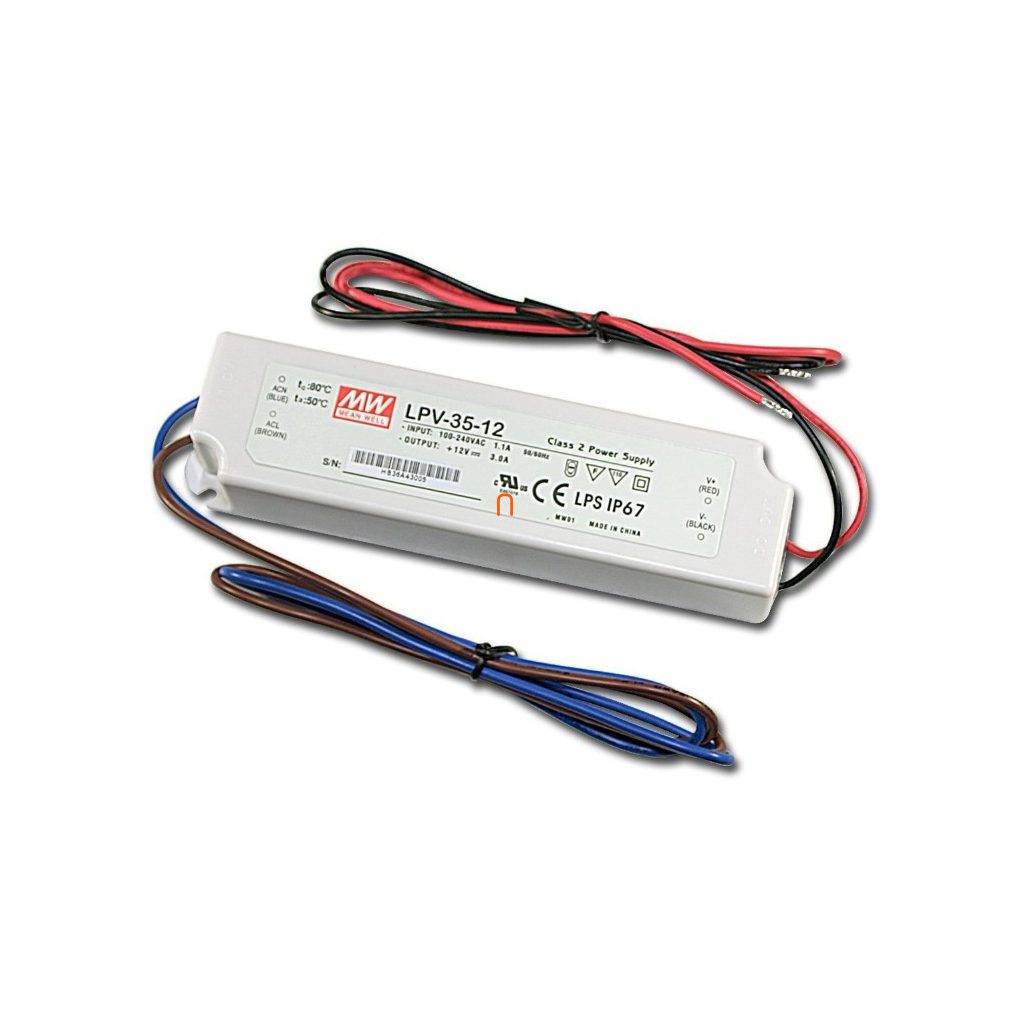 Sursă de alimentare cu o ieșire, clasa 2, pentru aplicații LED, LPV-35-12Vin: 90-264 VAC, Vout: 12 VDC (0-3A), P: 35W IP67 Mean Well